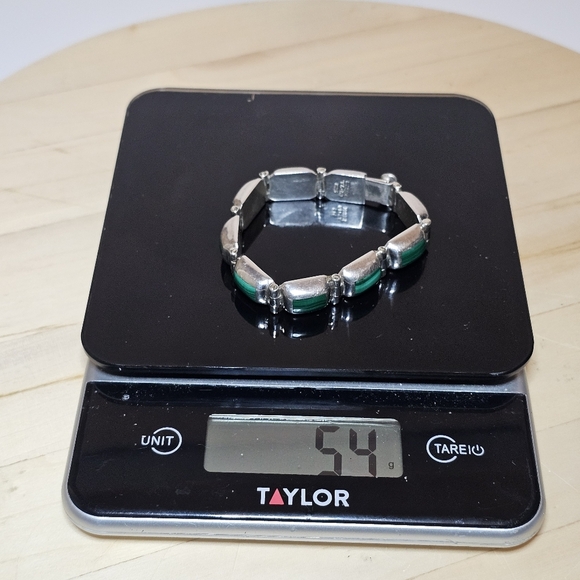 Taxco Mexico Sterling Silver 925 Statement Malachite Inlay Panel Bracelet 7.25in - Picture 6 of 6